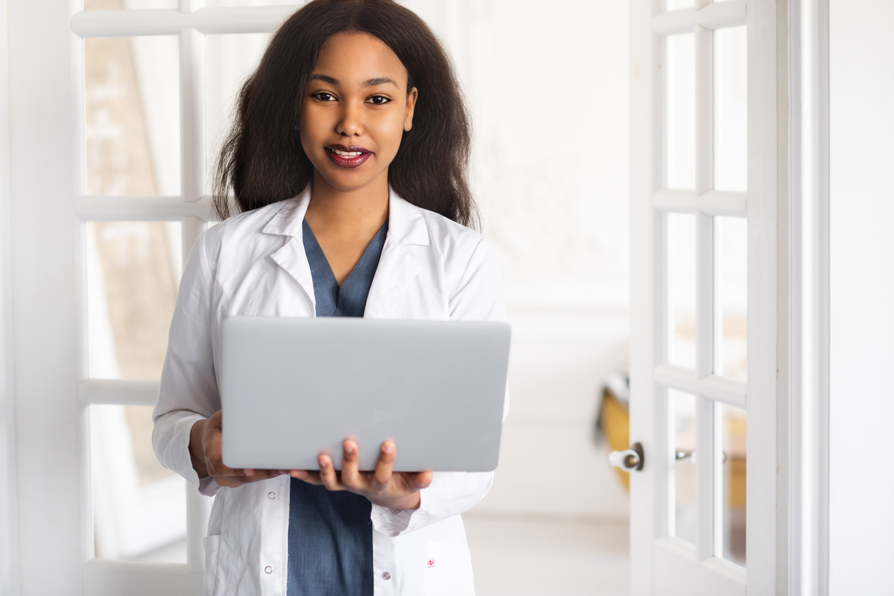 telehealth with virtual female doctor appointment and online therapy session. Black female doctor online conference
